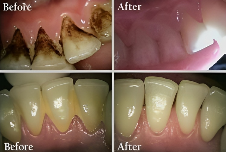 Before and after dental treatment comparison showing tooth cleaning and gum health improvement.
